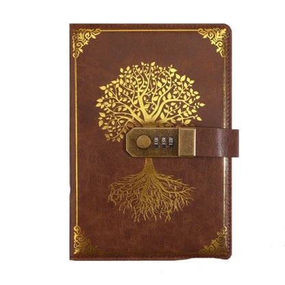 Brown leather notebook with gold tree design and combination lock on a white background