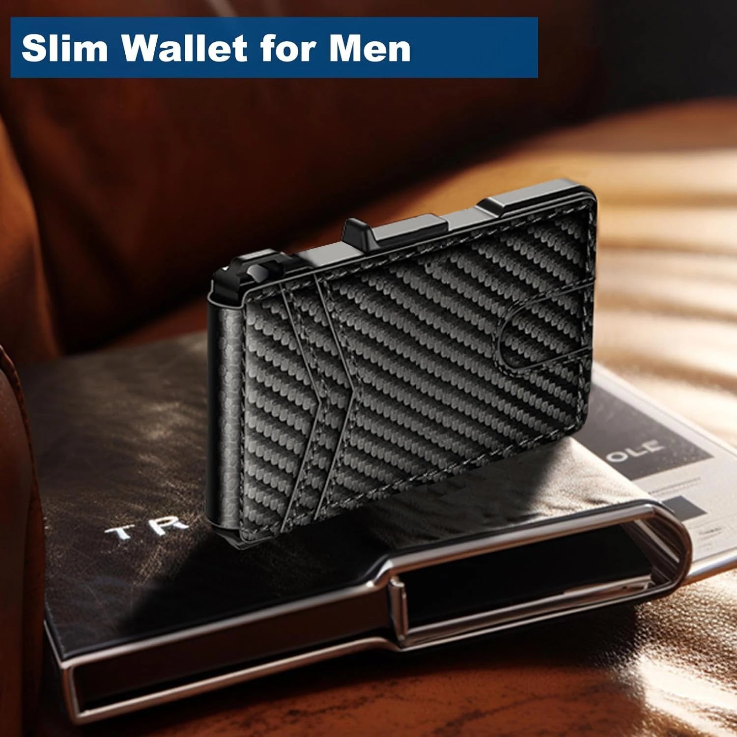 Carbon fiber slim wallet for men on a wooden surface with text 'Slim Wallet for Men'.