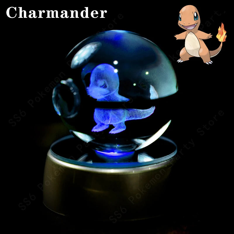 Crystal ball with a blue creature inside, Charmander above on a black background