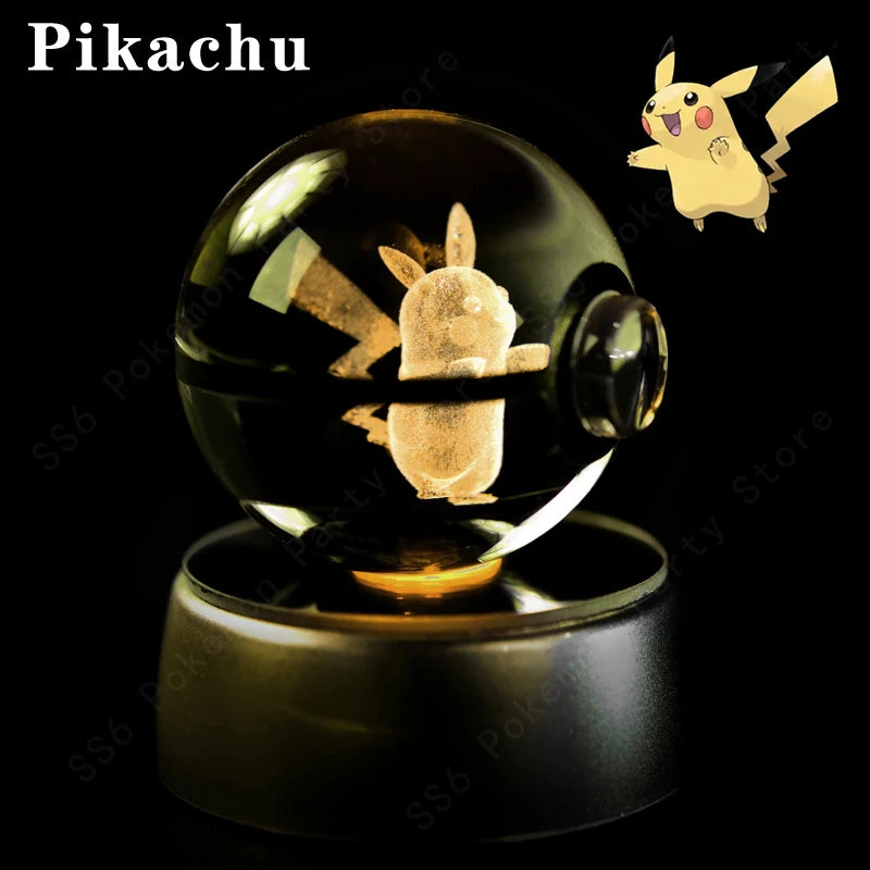 Crystal ball with Pikachu inside, featuring a transparent sphere on a black background.