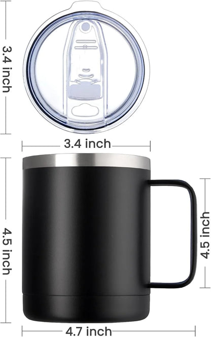 Black insulated mug with measurements on a white background