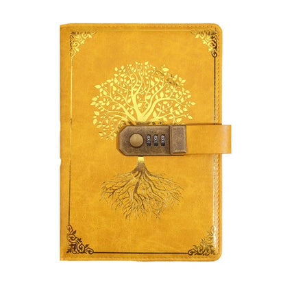 Yellow notebook with tree design and combination lock on a white background