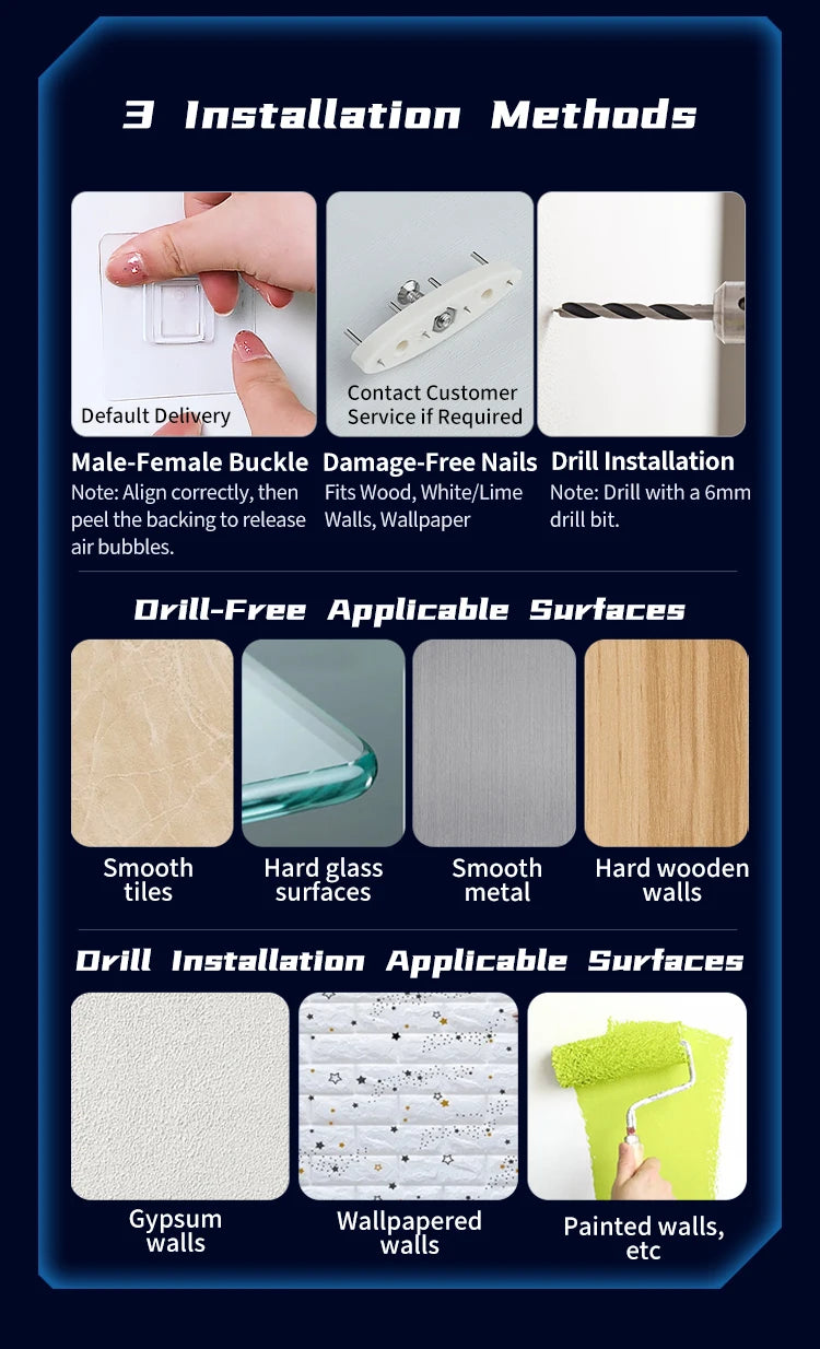 Installation methods and applicable surfaces for a product.