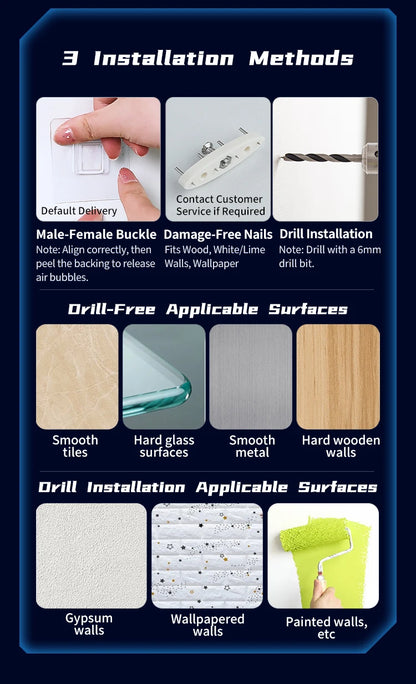 Installation methods and applicable surfaces for a product.