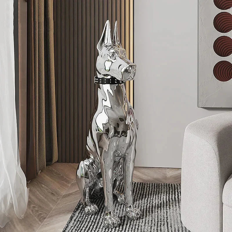 Silver dog statue in a living room setting