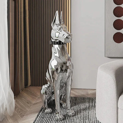 Silver dog statue in a living room setting