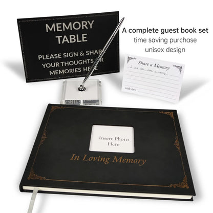 Memorial book set with pen, card, and sign for memory table on a white background