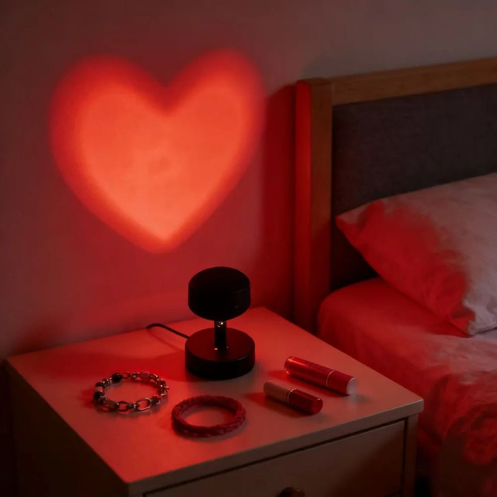 Heart-shaped light projection on a wall with a nightstand and bedroom items.