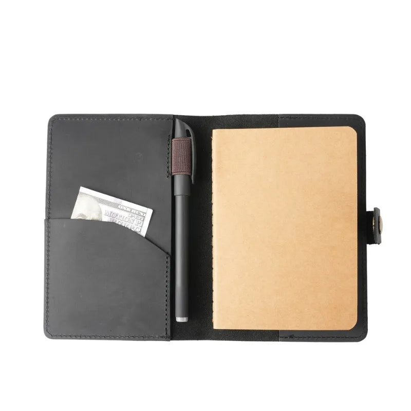 Black leather wallet with a pen and money pocket on a white background