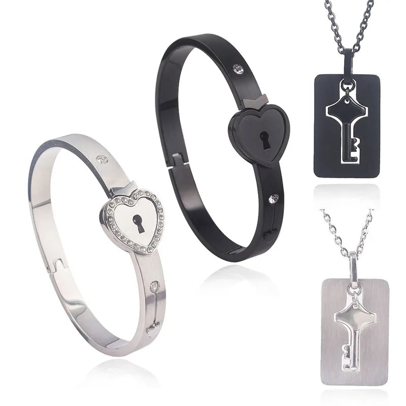 Jewelry set with heart-shaped lock designs on a white background