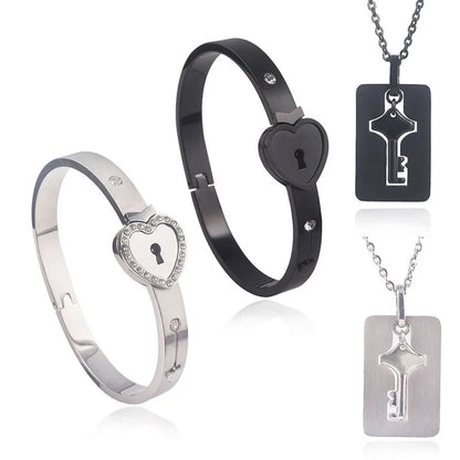 Jewelry set with heart-shaped lock designs on a white background