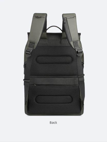 Black backpack with gray straps on a light gray background