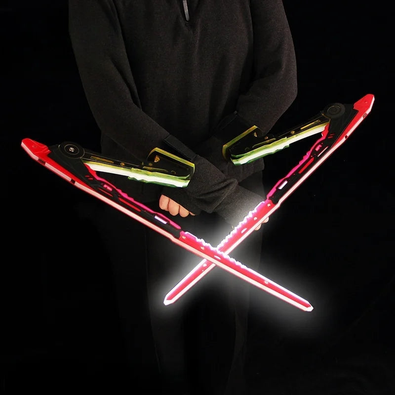 Person holding two LED light-up sticks crossed in front of a dark background
