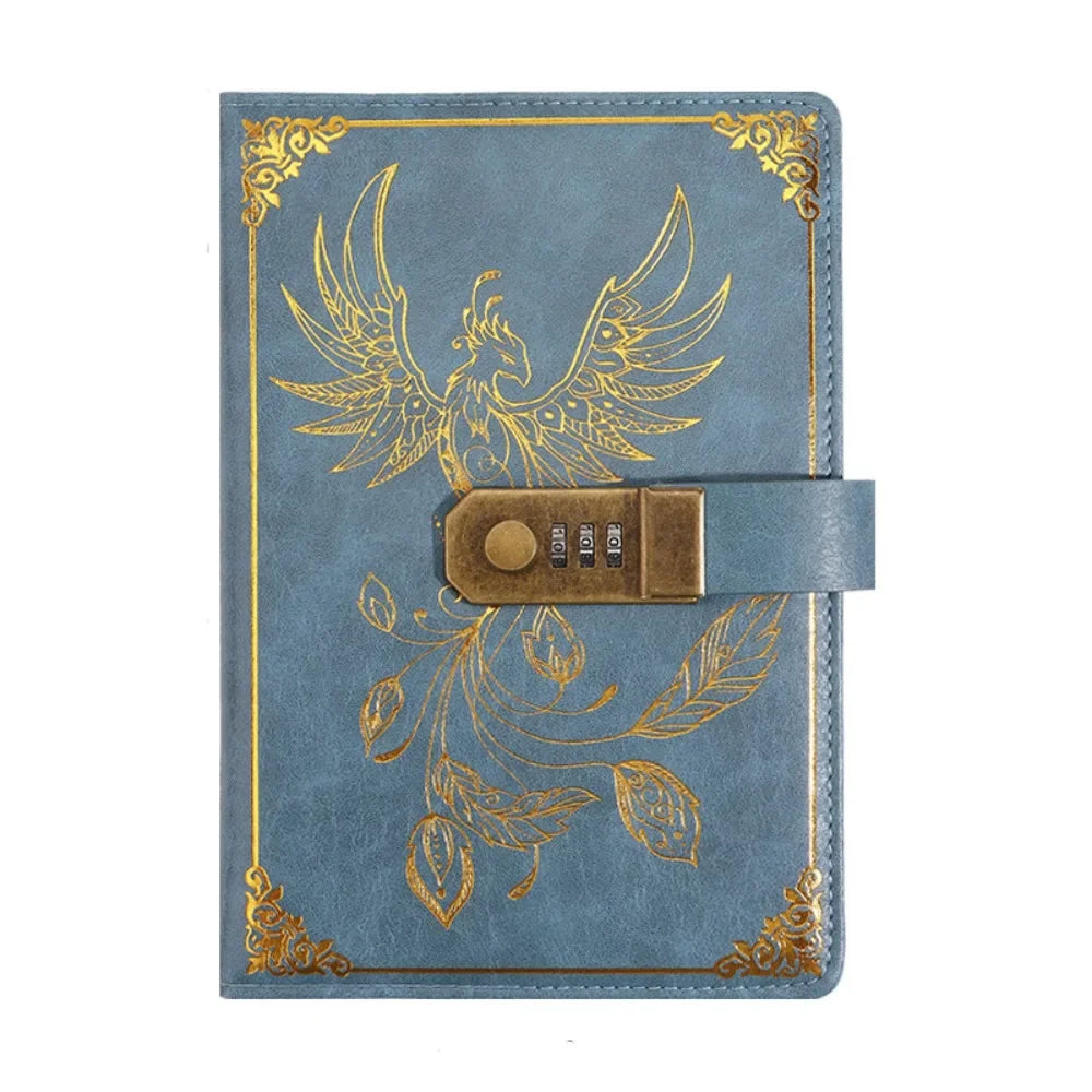 Blue notebook with gold phoenix design and combination lock on a white background