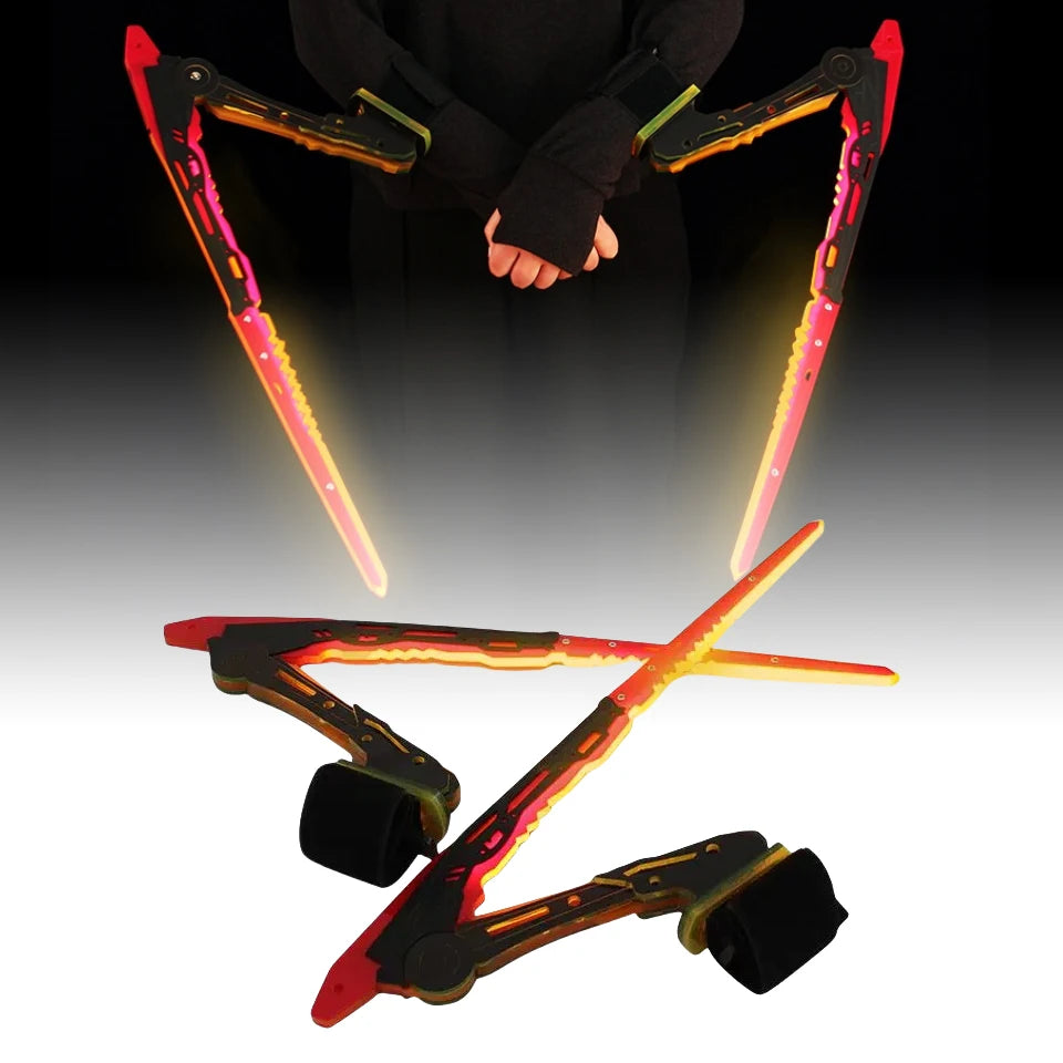 Glowing LED stilt shoes on a dark background