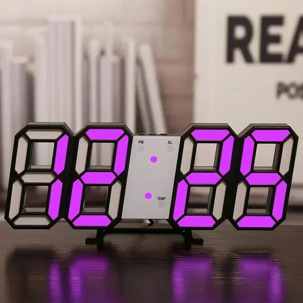 Digital clock with purple LED digits on a wooden surface