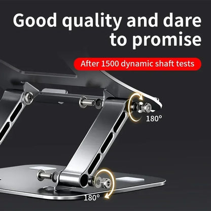 Metal stand with 180-degree rotation on a dark background, featuring text about quality and testing.