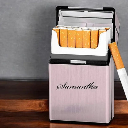Cigarette case with 'Samantha' branding on a wooden surface