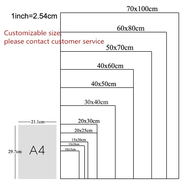 Diagram showing customizable size chart with dimensions in centimeters and an A4 reference.