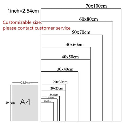 Diagram showing customizable size chart with dimensions in centimeters and an A4 reference.