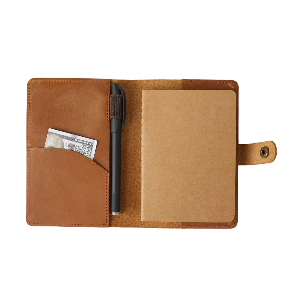 Brown leather wallet with card pocket and pen holder on a white background