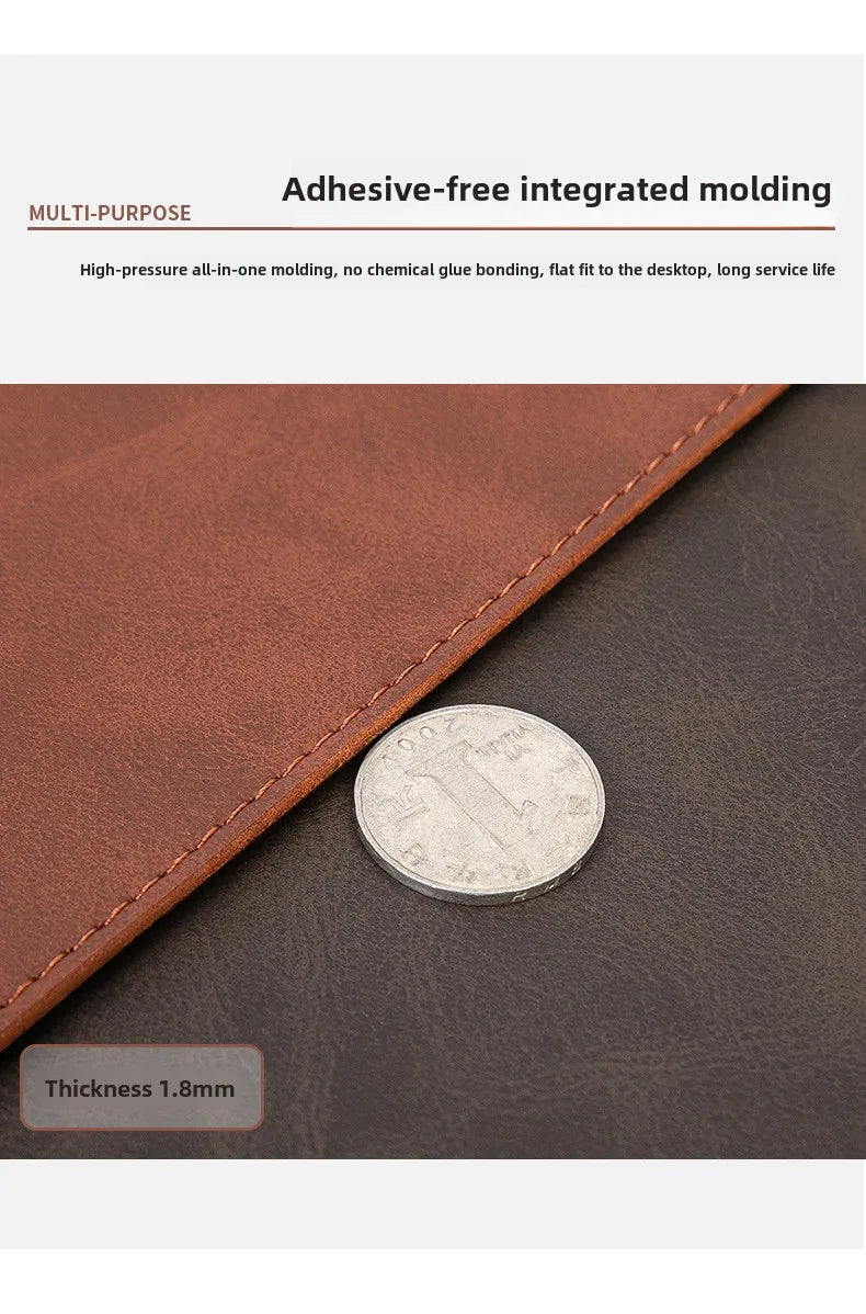 Brown leather-bound product with adhesive-free integrated molding, showing a coin for scale.