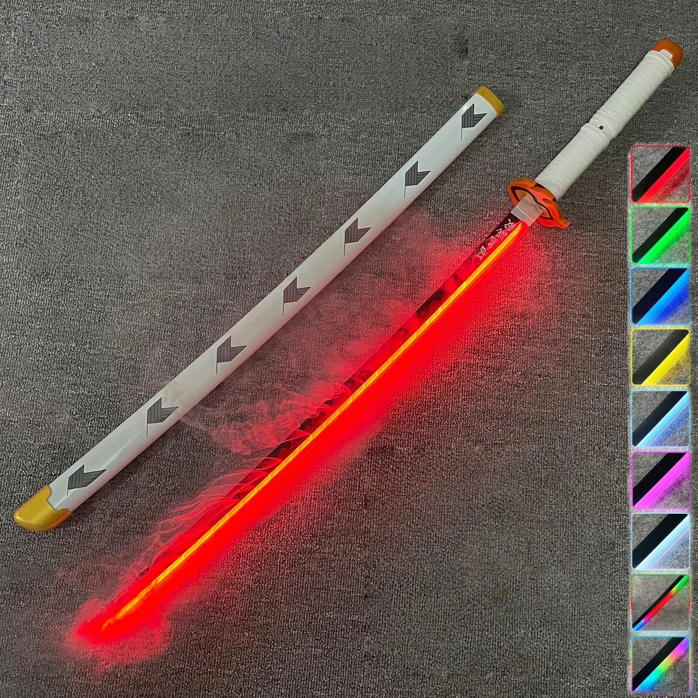 Light-up sword with red light on a textured surface, surrounded by color swatches.
