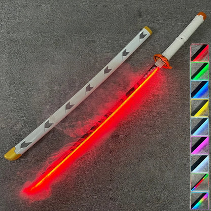 Light-up sword with red light on a textured surface, surrounded by color swatches.