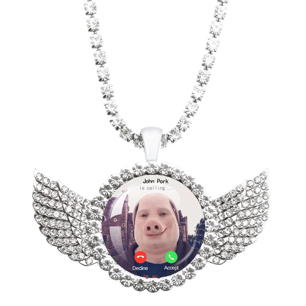 Necklace with a pendant displaying a video call interface with a person's face.