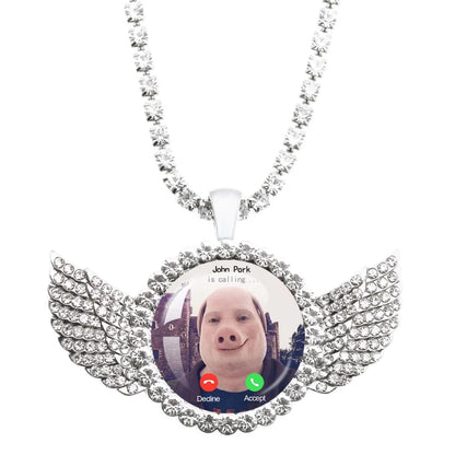 Necklace with a pendant displaying a video call interface with a person's face.