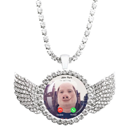 Necklace with a pendant displaying a video call interface with a person's face.