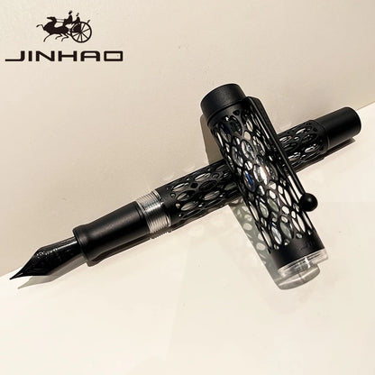 Black fountain pen with intricate design on a beige background, featuring the Jinhao brand.
