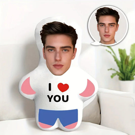 Customized pillow with a person's face and 'I ❤️ YOU' text on a white background.