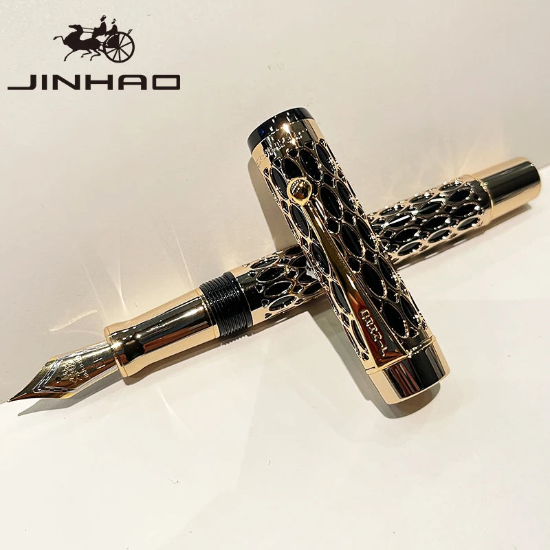 Gold and black fountain pen on a white background with Jinhao logo.
