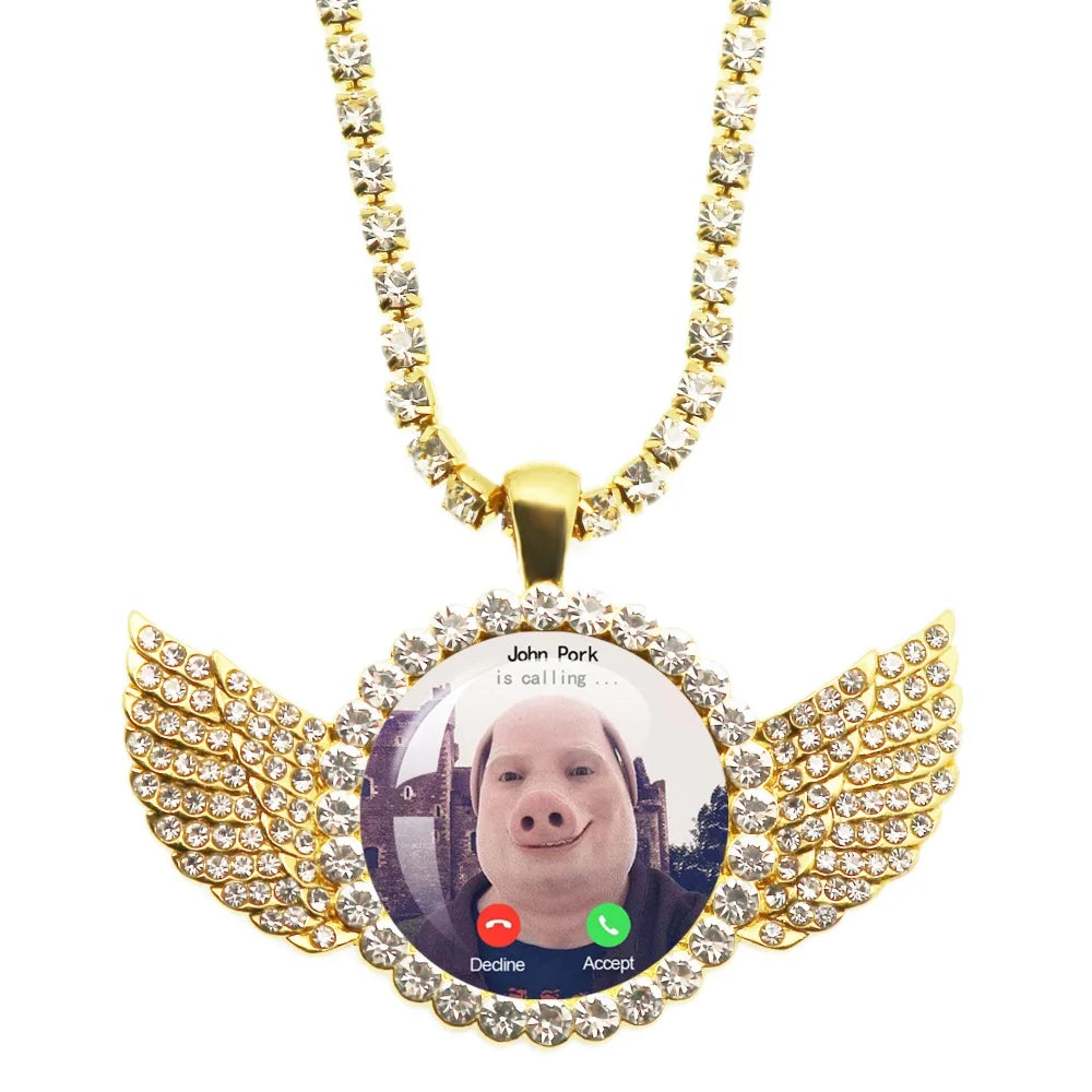 Necklace with a pendant featuring a call interface design on a white background