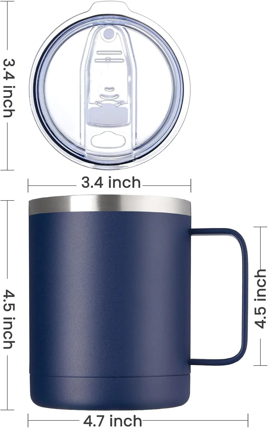 Navy blue insulated mug with measurements on a white background