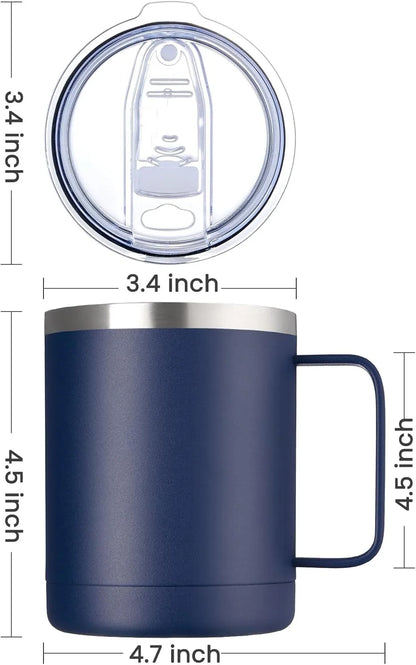 Navy blue insulated mug with measurements on a white background
