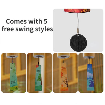 Black wind chime with five different swing styles displayed below on a white background.