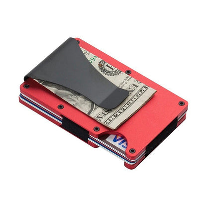 Red wallet with money clip holding a dollar bill on a white background