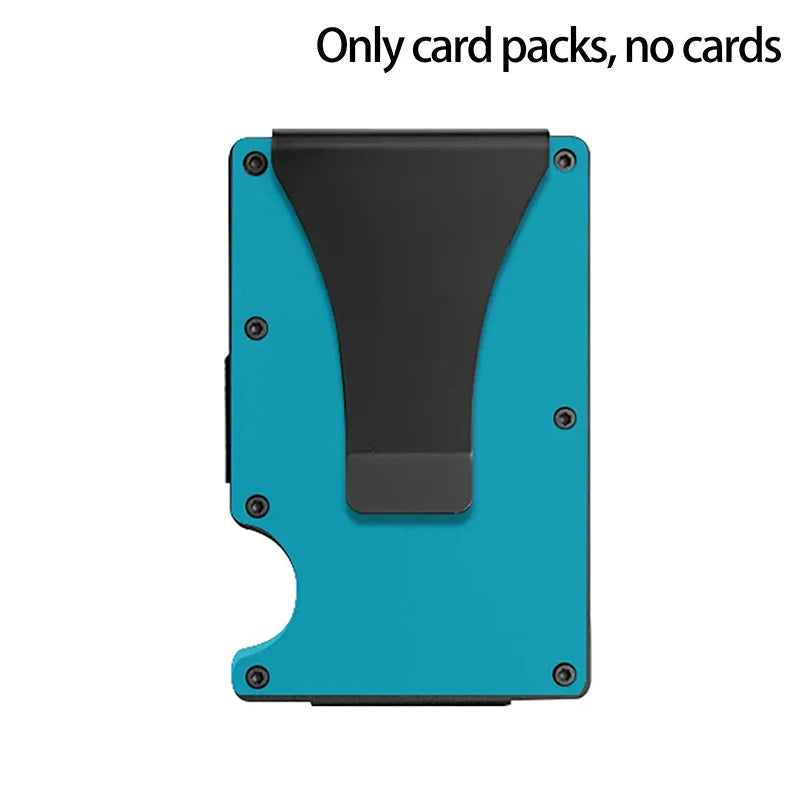 Blue and black cardholder on a white background with text 'Only card packs, no cards'.