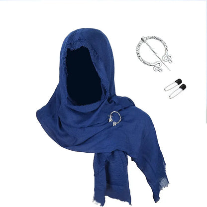 Blue hooded garment with silver brooches on a white background