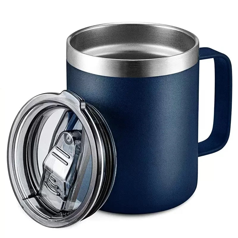 Blue insulated mug with a clear lid on a white background
