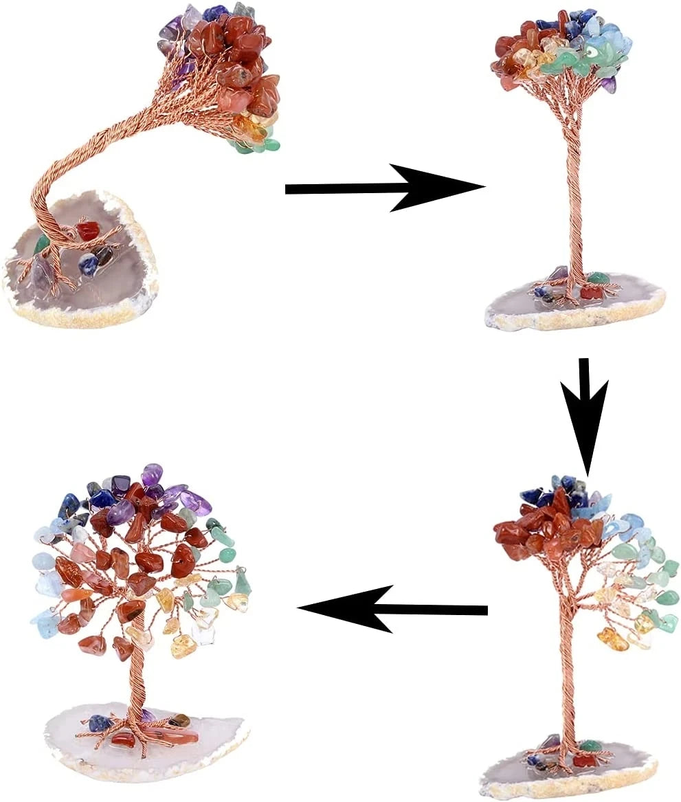 Stages of a crystal tree sculpture being assembled on a white background