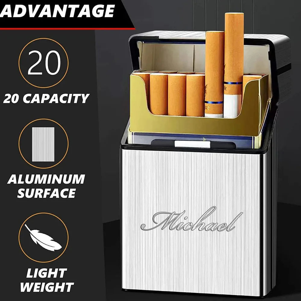 Cigarette case with 'Michael' branding on a black background, featuring text about capacity and material.