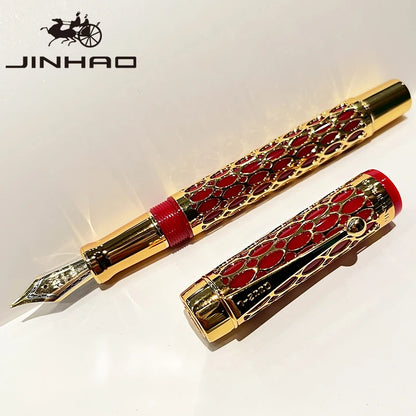Luxury fountain pen with red accents and gold details on a white background, featuring the Jinhao brand.