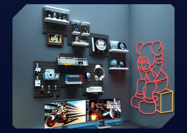 Wall-mounted shelf with various items and a red and yellow bear sculpture on a blue wall.