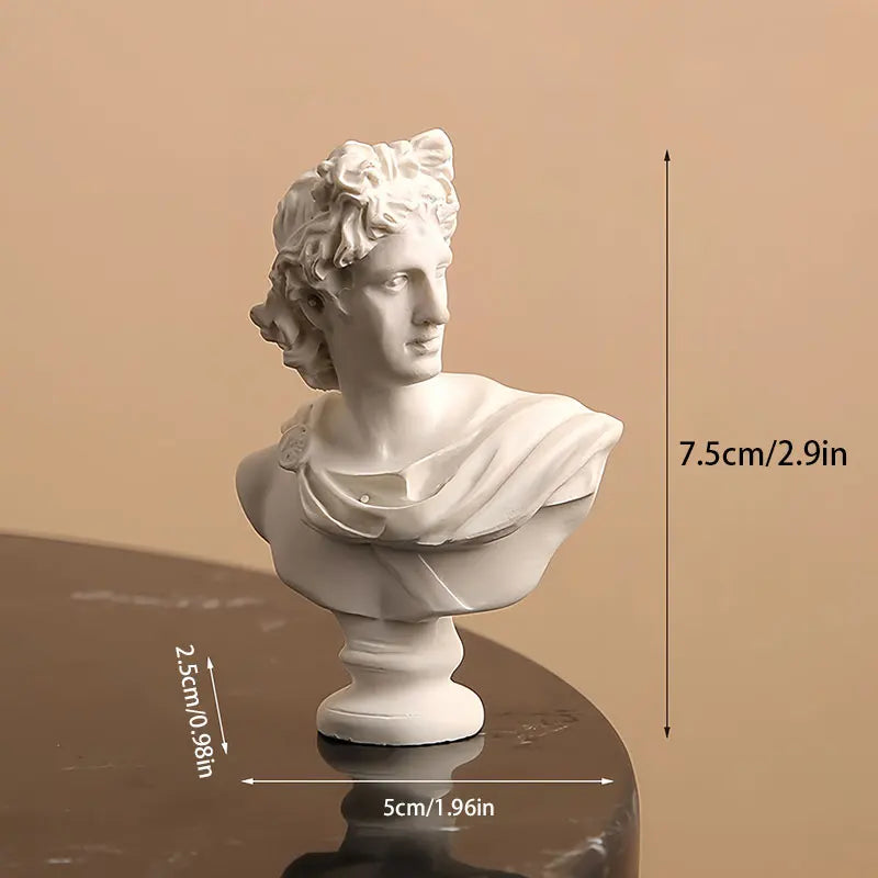 White classical bust sculpture with dimensions indicated on a beige background