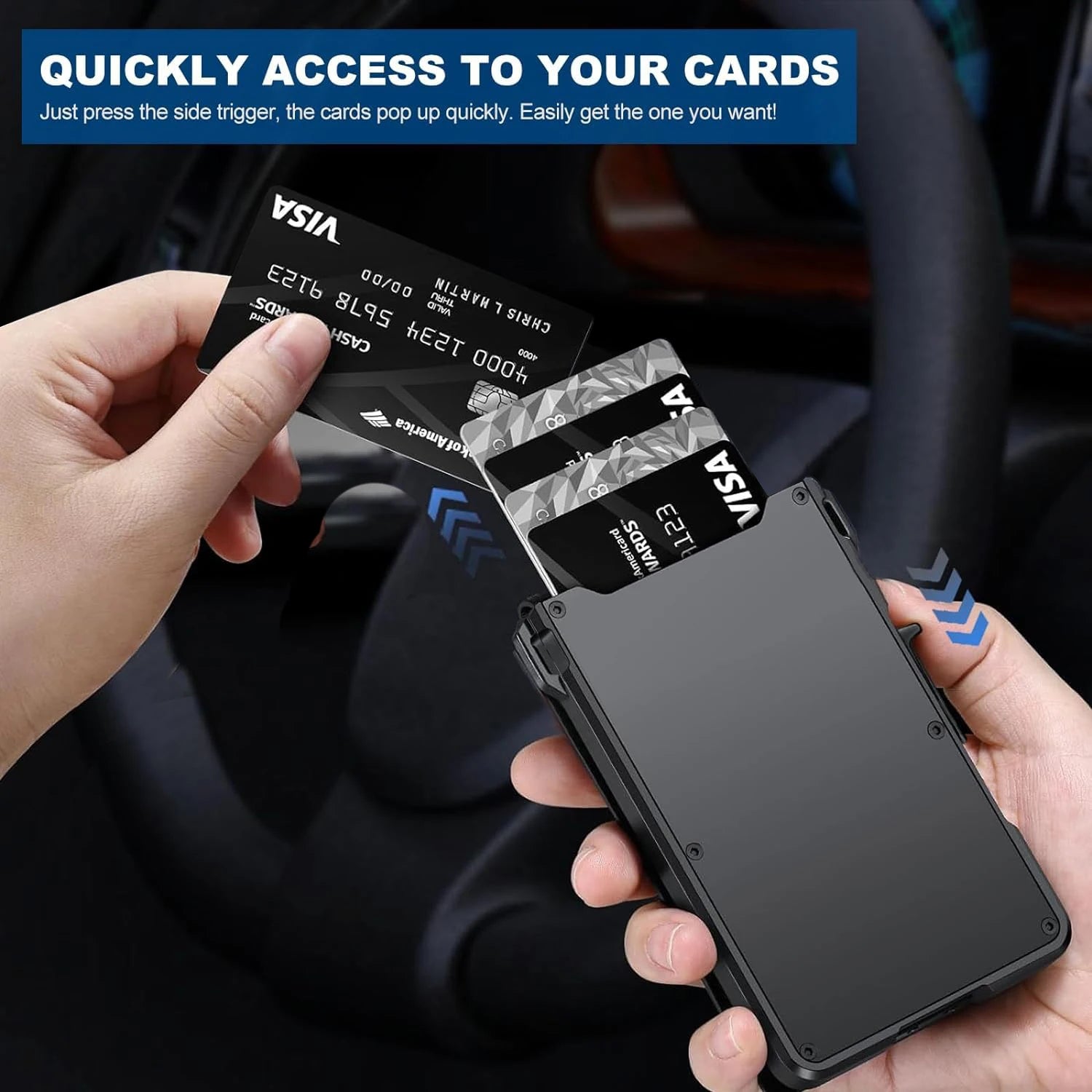 Person holding a black cardholder with Visa cards inside, with text about quickly accessing cards.