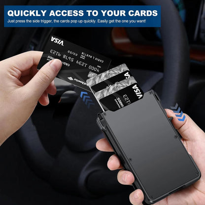 Person holding a black cardholder with Visa cards inside, with text about quickly accessing cards.