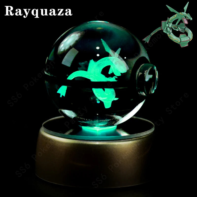 Glowing crystal ball with Rayquaza design on a black background